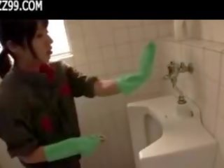 Mosaic: beautiful cleaner gives geek blowjob in lavatory 01
